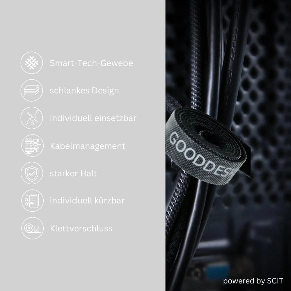 Produktdarstellung eines Kabelmanagement-Bands mit Smart-Tech-Gewebe und Klettverschluss. Die Vorteile sind: schlankes Design, individuell einsetzbar, ideal für Kabelmanagement, starker Halt, individuell kürzbar. Kabel organisiert und fixiert.