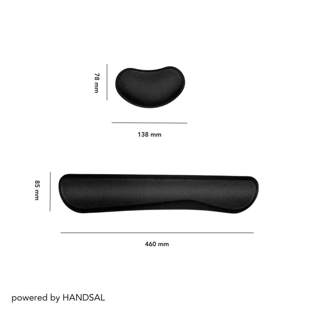 Maße des HANDSAL Handgelenkauflagen-Sets: Kleine Auflage 138 mm x 78 mm, große Auflage 460 mm x 85 mm. Ergonomische Polsterung für komfortables Arbeiten mit Tastatur und Maus. Text: „powered by HANDSAL“.