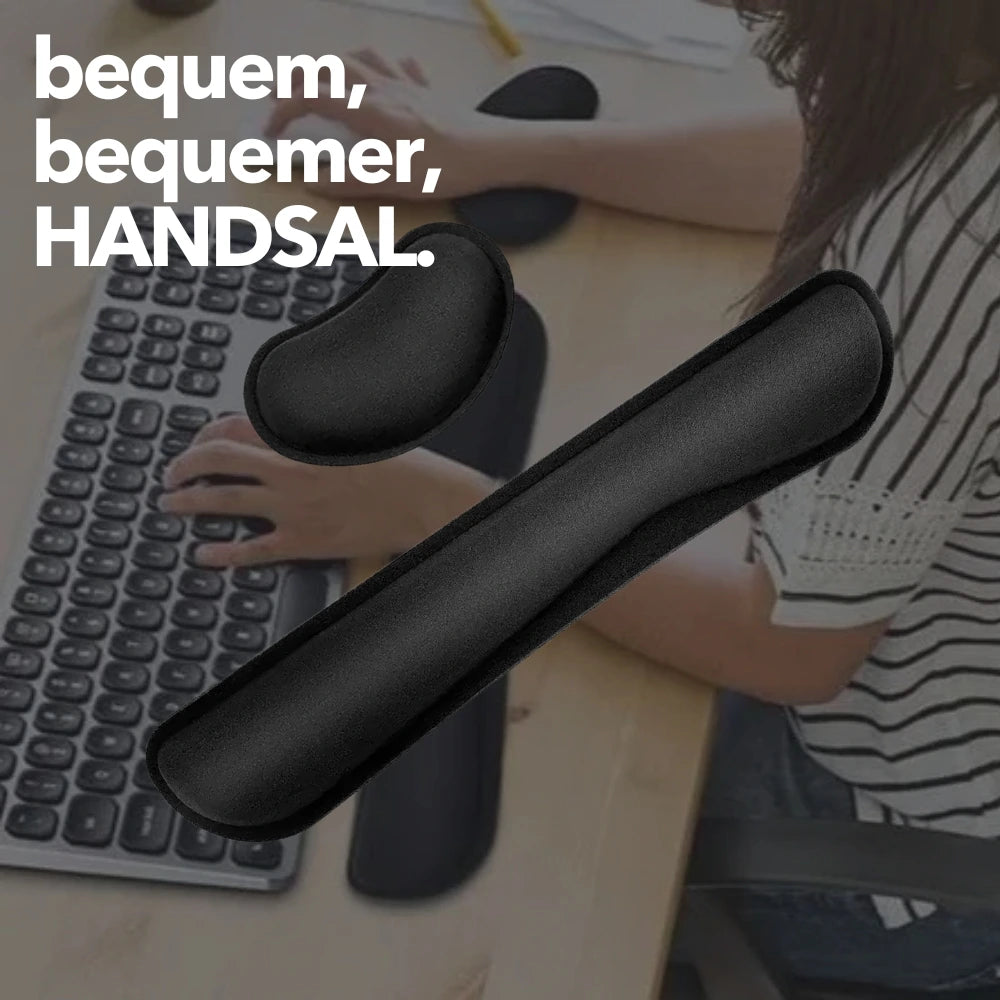 HANDSAL Handgelenkauflagen-Set mit ergonomischer Polsterung für Tastatur und Maus. Der Slogan „bequem, bequemer, HANDSAL“ unterstreicht den Komfort. Ideal für komfortables und gesundes Arbeiten am Schreibtisch.